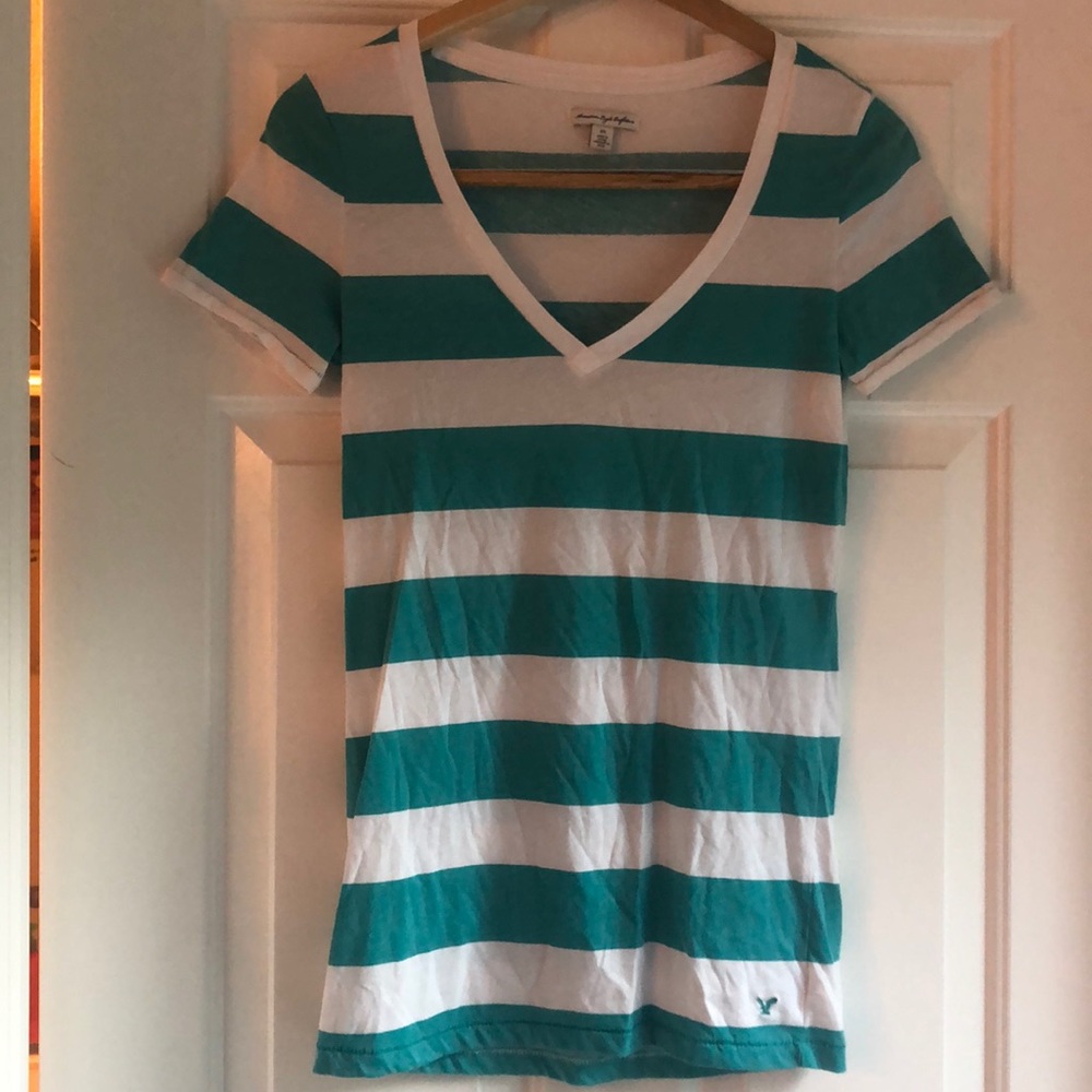 Teal and White Striped V-Neck